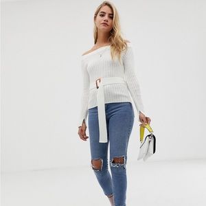 ASOS DESIGN off shoulder rib knit sweater with belt detail US 2